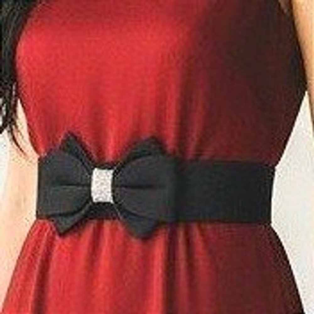 Womens‎ Black Wide Elastic Cinch Belt Large Bow Rhinestone Center Snap Closure